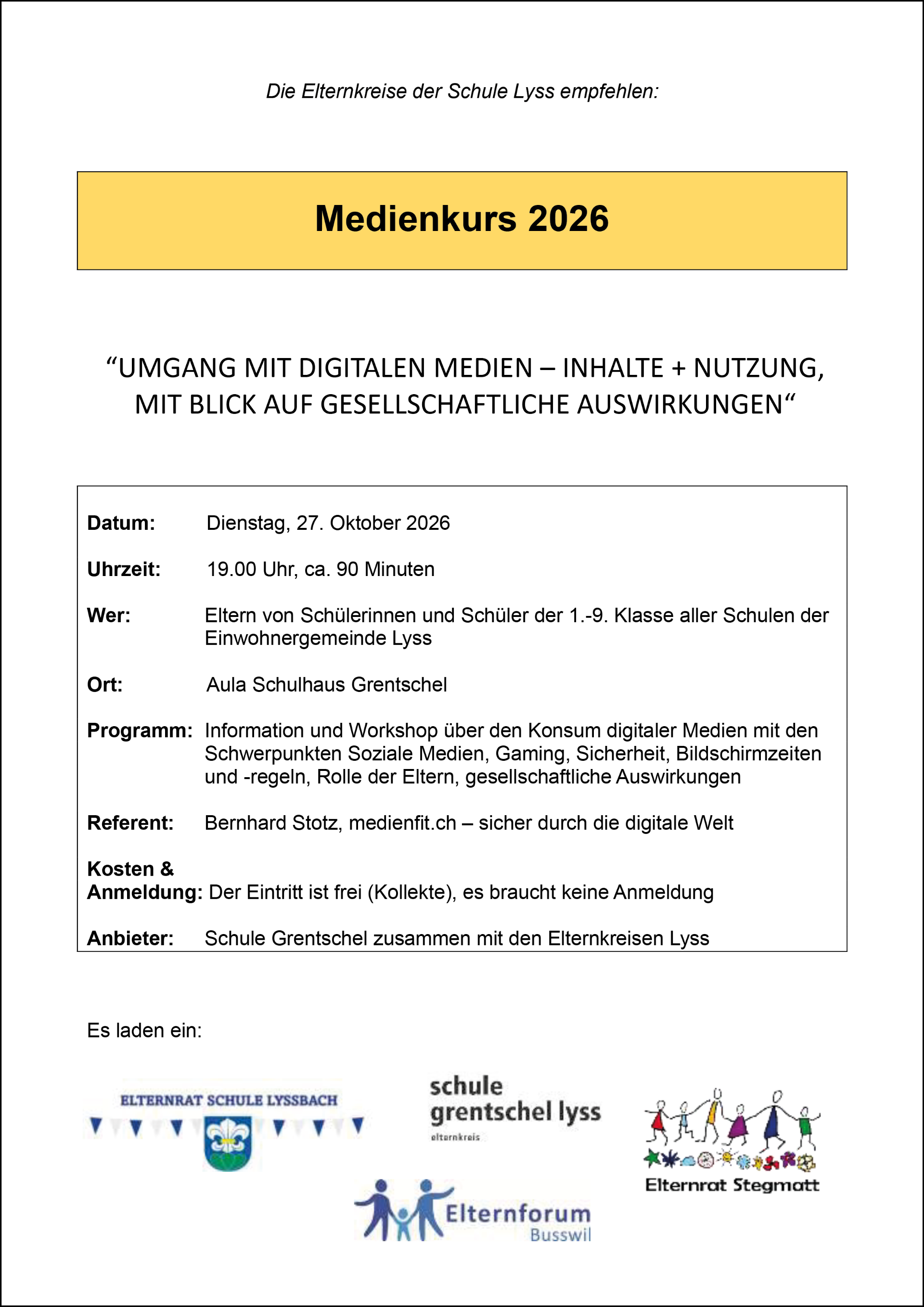 Medienkurs 2026 – Einladung für Eltern